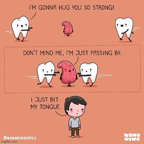 image tagged in teeth,hug,tongue,bite,ouch | made w/ Imgflip meme maker