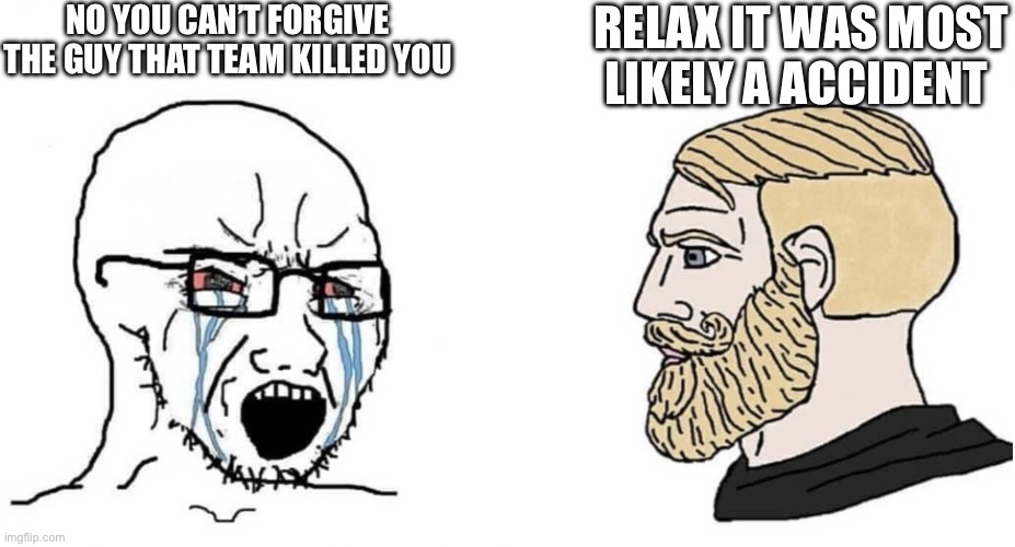 crying wojak vs chad | NO YOU CAN’T FORGIVE THE GUY THAT TEAM KILLED YOU; RELAX IT WAS MOST LIKELY A ACCIDENT | image tagged in crying wojak vs chad | made w/ Imgflip meme maker
