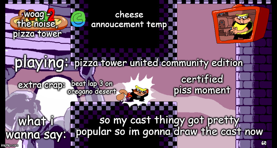 ... | pizza tower united community edition; beat lap 3 on oregano desert; so my cast thingy got pretty popular so im gonna draw the cast now | made w/ Imgflip meme maker