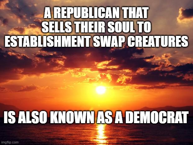 Sunset | A REPUBLICAN THAT SELLS THEIR SOUL TO ESTABLISHMENT SWAP CREATURES; IS ALSO KNOWN AS A DEMOCRAT | image tagged in sunset | made w/ Imgflip meme maker