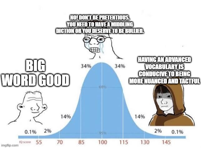 Big Word Good | NO! DON'T BE PRETENTIOUS. YOU NEED TO HAVE A MIDDLING DICTION OR YOU DESERVE TO BE BULLIED. HAVING AN ADVANCED VOCABULARY IS CONDUCIVE TO BEING MORE NUANCED AND TACTFUL; BIG WORD GOOD | image tagged in iq chart | made w/ Imgflip meme maker