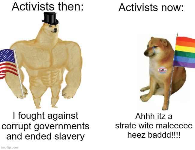 Activists Then vs Now | Activists then:; Activists now:; Ahhh itz a strate wite maleeeee heez baddd!!!! I fought against corrupt governments and ended slavery | image tagged in memes,buff doge vs cheems | made w/ Imgflip meme maker