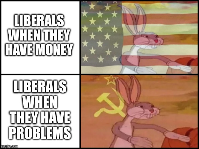 Communist capitalist bunny | LIBERALS WHEN THEY HAVE MONEY; LIBERALS WHEN THEY HAVE PROBLEMS | image tagged in communist capitalist bunny | made w/ Imgflip meme maker