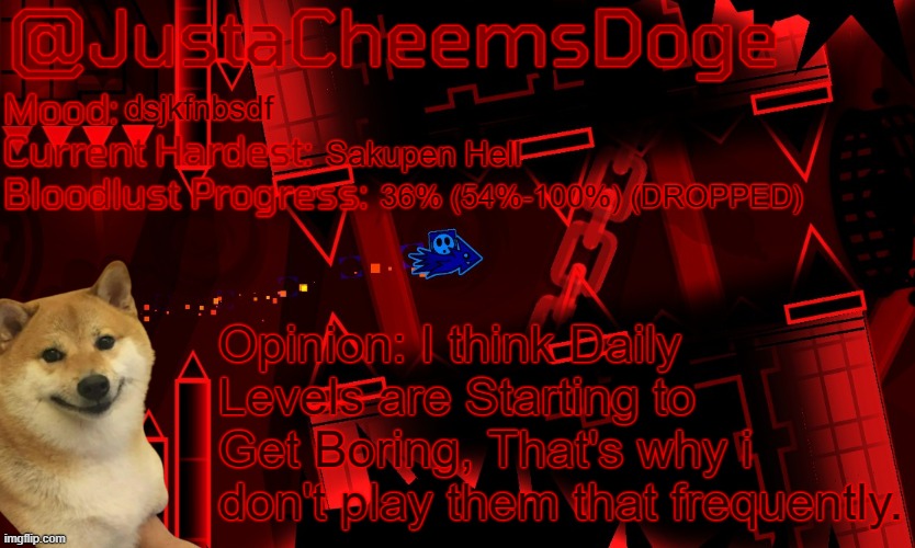 Daily Levels aren't getting that much special IMO | dsjkfnbsdf; Sakupen Hell; 36% (54%-100%) (DROPPED); Opinion: I think Daily Levels are Starting to Get Boring, That's why i don't play them that frequently. | image tagged in justacheemsdoge bloodlust annoucement template | made w/ Imgflip meme maker