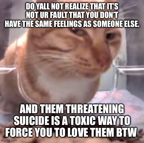 And me saying “I didn’t like them” isn’t a death threat, it’s an opinion xx | DO YALL NOT REALIZE THAT IT’S NOT UR FAULT THAT YOU DON’T HAVE THE SAME FEELINGS AS SOMEONE ELSE. AND THEM THREATENING SUICIDE IS A TOXIC WAY TO FORCE YOU TO LOVE THEM BTW | image tagged in side eye | made w/ Imgflip meme maker