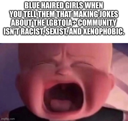 If this offends anybody, I’m not sorry. | BLUE HAIRED GIRLS WHEN YOU TELL THEM THAT MAKING JOKES ABOUT THE LGBTQIA+ COMMUNITY ISN'T RACIST, SEXIST, AND XENOPHOBIC. | image tagged in boss baby crying,no offense | made w/ Imgflip meme maker