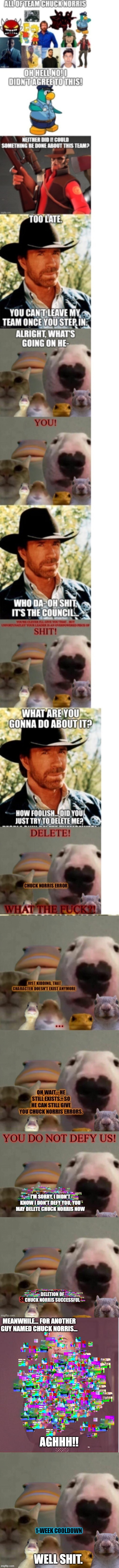 Oops, looks like you killed another innocent man named Chuck Norris, the less popular one | MEANWHILE... FOR ANOTHER GUY NAMED CHUCK NORRIS... AGHHH!! 1-WEEK COOLDOWN; WELL SHIT. | image tagged in memes,face you make robert downey jr,the council remastered | made w/ Imgflip meme maker