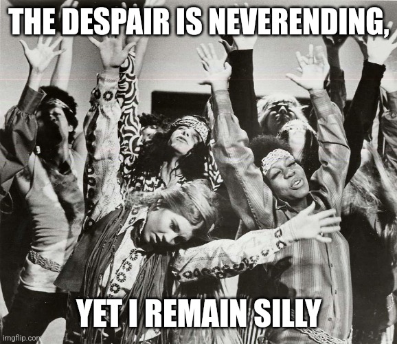 THE DESPAIR IS NEVERENDING, YET I REMAIN SILLY | image tagged in silly,fun,weird,hippie | made w/ Imgflip meme maker