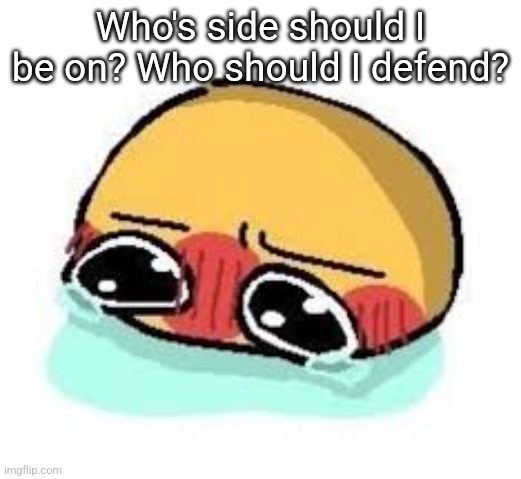 amb shamb bbbmba | Who's side should I be on? Who should I defend? | image tagged in amb shamb bbbmba | made w/ Imgflip meme maker