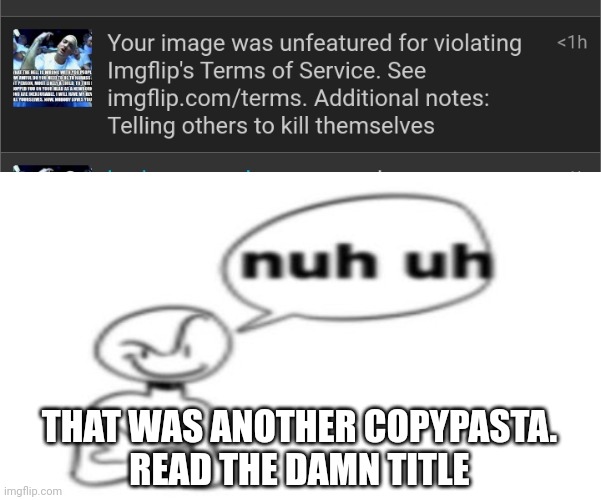 THAT WAS ANOTHER COPYPASTA.
READ THE DAMN TITLE | image tagged in nuh uh | made w/ Imgflip meme maker