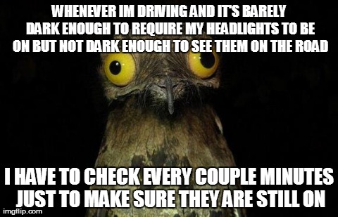 Weird Stuff I Do Potoo | WHENEVER IM DRIVING AND IT'S BARELY DARK ENOUGH TO REQUIRE MY HEADLIGHTS TO BE ON BUT NOT DARK ENOUGH TO SEE THEM ON THE ROAD I HAVE TO CHEC | image tagged in memes,weird stuff i do potoo | made w/ Imgflip meme maker