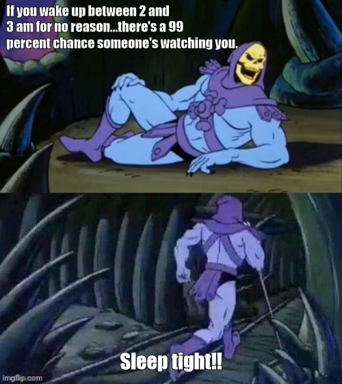 Skeletor disturbing facts | If you wake up between 2 and 3 am for no reason...there's a 99 percent chance someone's watching you. Sleep tight!! | image tagged in skeletor disturbing facts | made w/ Imgflip meme maker