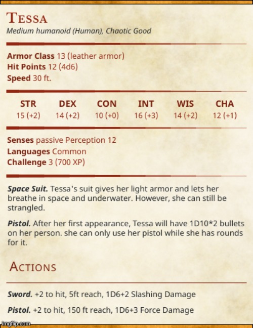 I went ahead and decided to make a stat block for Tessa, might make more | image tagged in murder drones,dnd | made w/ Imgflip meme maker