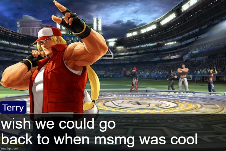 Terry Bogard objection temp | wish we could go back to when msmg was cool | image tagged in terry bogard objection temp | made w/ Imgflip meme maker