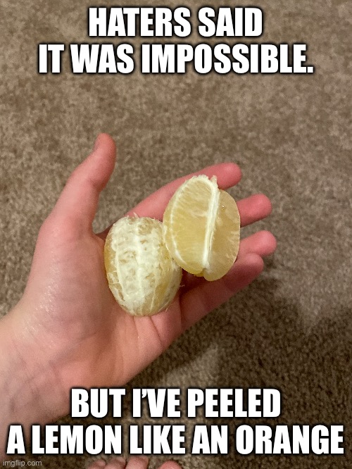 Nothing can stop me now!!1!!! | HATERS SAID IT WAS IMPOSSIBLE. BUT I’VE PEELED A LEMON LIKE AN ORANGE | image tagged in cursed image,oh wow are you actually reading these tags | made w/ Imgflip meme maker