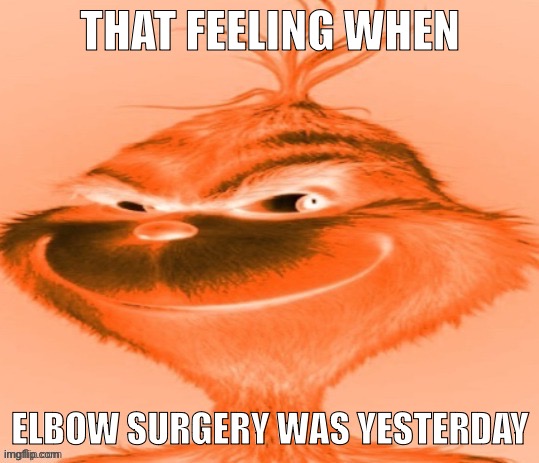 The orange grinch | THAT FEELING WHEN; ELBOW SURGERY WAS YESTERDAY | image tagged in the orange grinch | made w/ Imgflip meme maker