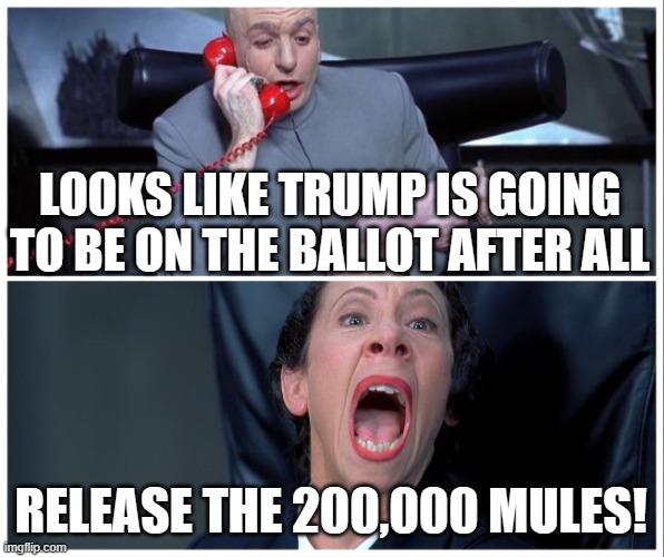 as long as it works, keep doing it | LOOKS LIKE TRUMP IS GOING TO BE ON THE BALLOT AFTER ALL; RELEASE THE 200,000 MULES! | image tagged in dr evil and frau yelling | made w/ Imgflip meme maker