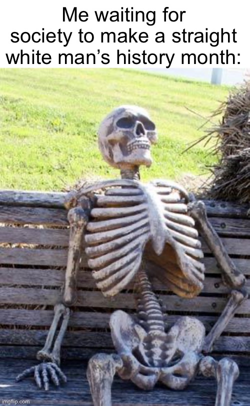 Image Title | Me waiting for society to make a straight white man’s history month: | image tagged in memes,waiting skeleton | made w/ Imgflip meme maker