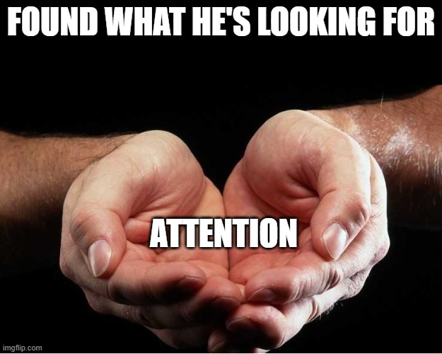 Found what he's looking for attention | FOUND WHAT HE'S LOOKING FOR; ATTENTION | image tagged in cupped hands | made w/ Imgflip meme maker