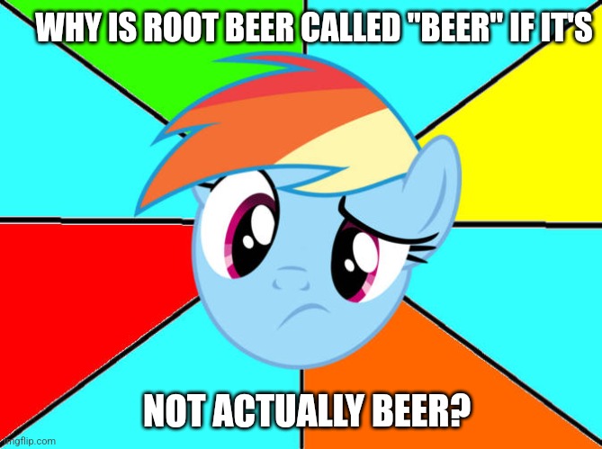 Rainbow Dash Confused | WHY IS ROOT BEER CALLED "BEER" IF IT'S; NOT ACTUALLY BEER? | image tagged in rainbow dash confused,my little pony friendship is magic,rainbow dash,root beer,mlp fim,mlp meme | made w/ Imgflip meme maker