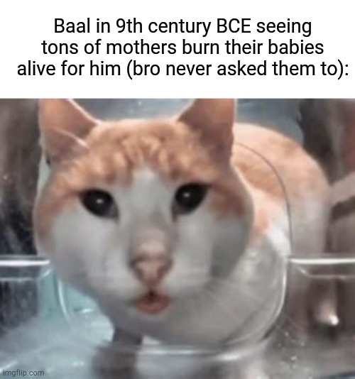 Baal in 9th century BCE seeing tons of mothers burn their babies alive for him (bro never asked them to): | made w/ Imgflip meme maker