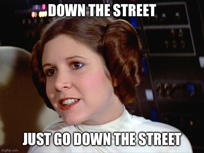 Princess Leia too easy | DOWN THE STREET JUST GO DOWN THE STREET | image tagged in princess leia too easy | made w/ Imgflip meme maker