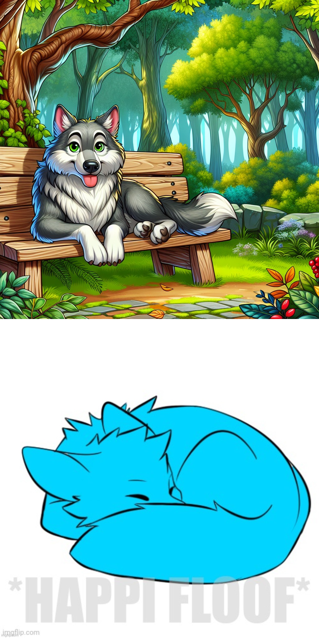 a picture of an AI(ew) wolf sitting on a park bench | image tagged in retro happi floof | made w/ Imgflip meme maker