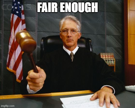 judge | FAIR ENOUGH | image tagged in judge | made w/ Imgflip meme maker