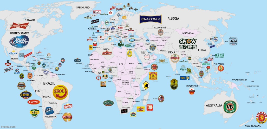 Every country's most popular beer | image tagged in beer,craft beer,world map,hold my beer,the most interesting man in the world,bud light | made w/ Imgflip meme maker
