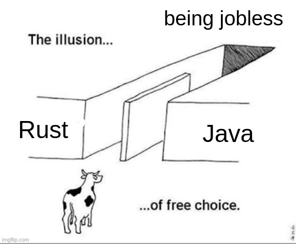 Illusion of free choice | being jobless; Rust; Java | image tagged in illusion of free choice | made w/ Imgflip meme maker