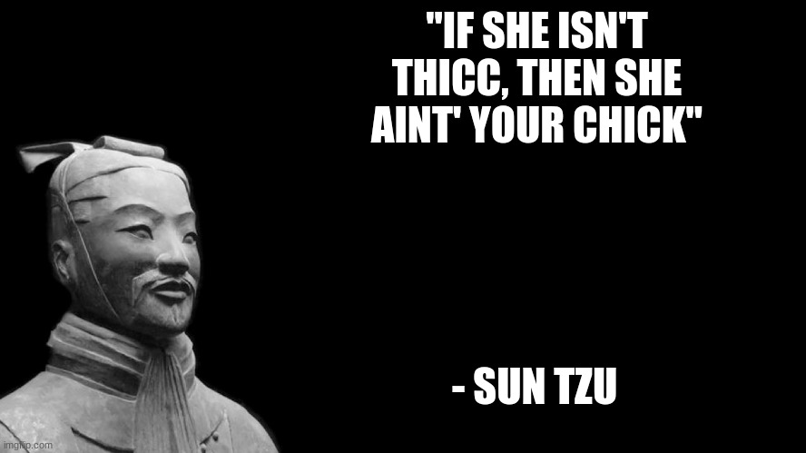 True words of wisdom... | "IF SHE ISN'T THICC, THEN SHE AINT' YOUR CHICK"; - SUN TZU | image tagged in sun tzu,chicks,thicc | made w/ Imgflip meme maker