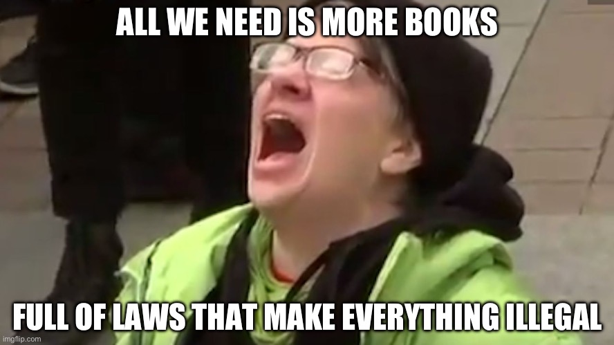 Screaming Liberal  | ALL WE NEED IS MORE BOOKS; FULL OF LAWS THAT MAKE EVERYTHING ILLEGAL | image tagged in screaming liberal,liberal logic,liberal hypocrisy,triggered liberal,liberal vs conservative,liberalism | made w/ Imgflip meme maker