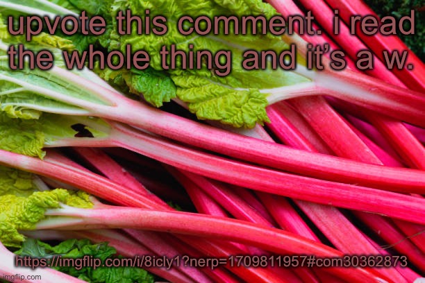 rhubarb | upvote this comment. i read the whole thing and it’s a w. https://imgflip.com/i/8icly1?nerp=1709811957#com30362873 | image tagged in rhubarb | made w/ Imgflip meme maker