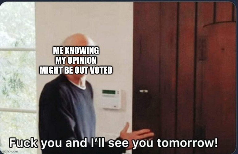 F**k you I'll see you tomorrow | ME KNOWING MY OPINION MIGHT BE OUT VOTED | image tagged in f k you i'll see you tomorrow | made w/ Imgflip meme maker