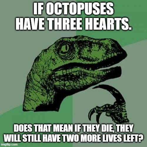 They will have two hearts left. | IF OCTOPUSES HAVE THREE HEARTS. DOES THAT MEAN IF THEY DIE, THEY WILL STILL HAVE TWO MORE LIVES LEFT? | image tagged in memes,philosoraptor,gifs,octopus,funny,hearts | made w/ Imgflip meme maker
