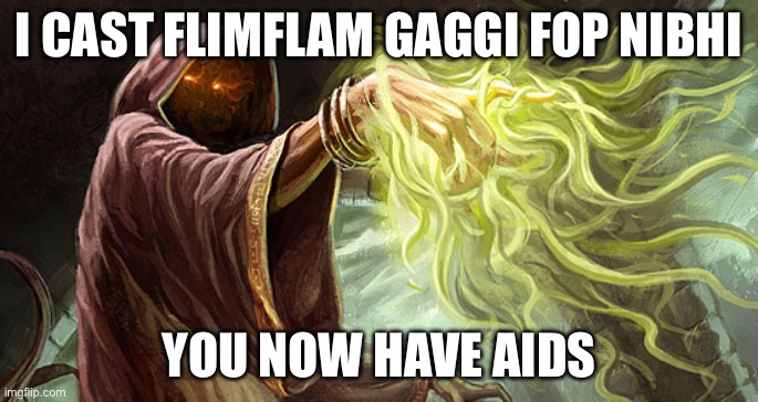 Wizard spell | I CAST FLIMFLAM GAGGI FOP NIBHI; YOU NOW HAVE AIDS | image tagged in i cast | made w/ Imgflip meme maker