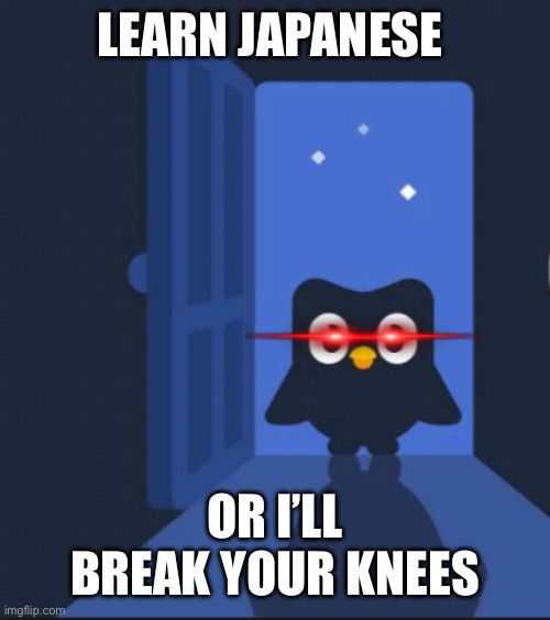 Duolingo Bird death meme | LEARN JAPANESE; OR I’LL BREAK YOUR KNEES | image tagged in duolingo bird | made w/ Imgflip meme maker