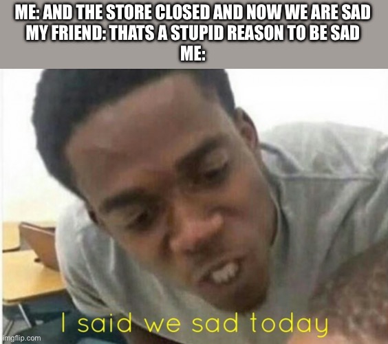 i said we ____ today | ME: AND THE STORE CLOSED AND NOW WE ARE SAD
MY FRIEND: THATS A STUPID REASON TO BE SAD
ME: | image tagged in i said we ____ today | made w/ Imgflip meme maker