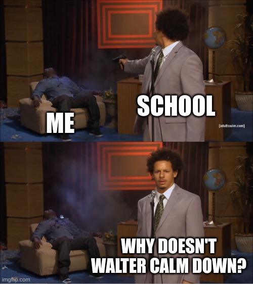 School sucks bro :( | SCHOOL; ME; WHY DOESN'T WALTER CALM DOWN? | image tagged in memes,who killed hannibal | made w/ Imgflip meme maker