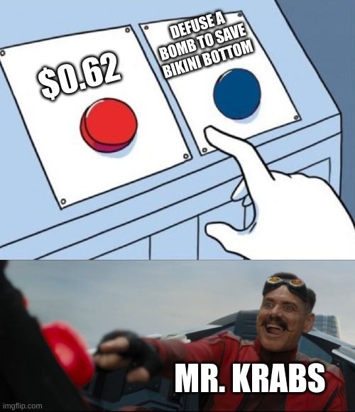 Mr Krabs | DEFUSE A BOMB TO SAVE BIKINI BOTTOM; $0.62; MR. KRABS | image tagged in robotnik button | made w/ Imgflip meme maker