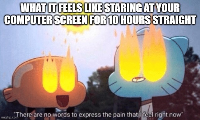 ive felt this before | WHAT IT FEELS LIKE STARING AT YOUR COMPUTER SCREEN FOR 10 HOURS STRAIGHT | image tagged in there are no words to express the pain that i feel right now | made w/ Imgflip meme maker