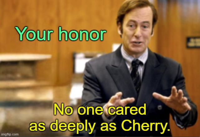 . | Your honor; No one cared as deeply as Cherry. | image tagged in saul goodman defending | made w/ Imgflip meme maker