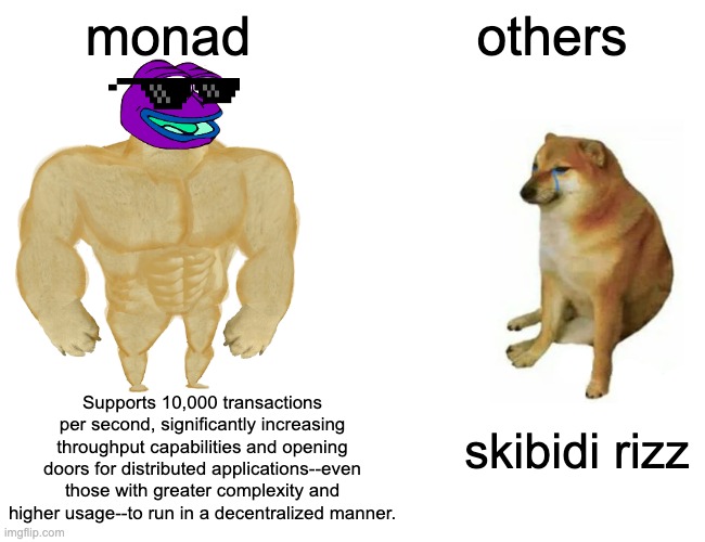 Monad | monad; others; Supports 10,000 transactions per second, significantly increasing throughput capabilities and opening doors for distributed applications--even those with greater complexity and higher usage--to run in a decentralized manner. skibidi rizz | image tagged in memes,buff doge vs cheems | made w/ Imgflip meme maker