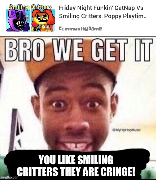Proof that communitygame likes smiling critters please block him and tell him to touch grass | YOU LIKE SMILING CRITTERS THEY ARE CRINGE! | image tagged in bro we get it blank,smiling critters,cringe,fnf,bro not cool | made w/ Imgflip meme maker