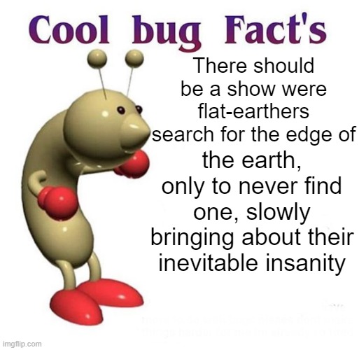 It got 89% on Rotten Potatoes | There should be a show were flat-earthers search for the edge of; the earth, only to never find one, slowly bringing about their inevitable insanity | image tagged in cool bug facts,memes,fun,funny | made w/ Imgflip meme maker