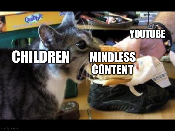 The YouTube Overlords of Google | YOUTUBE; MINDLESS CONTENT; CHILDREN | image tagged in burger cat | made w/ Imgflip meme maker