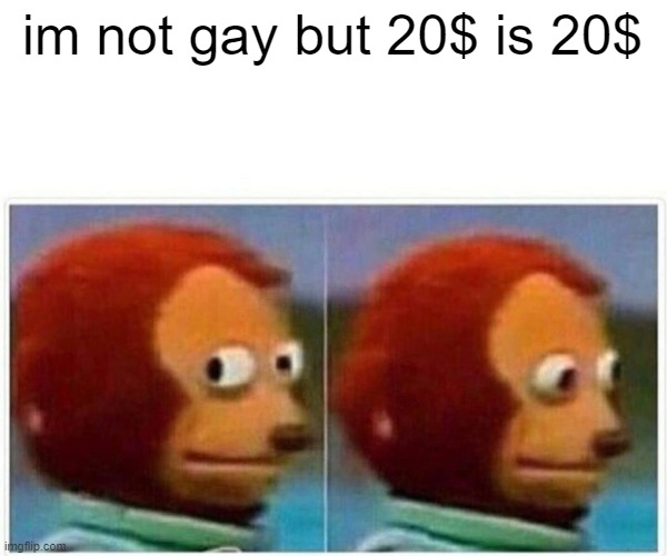 ok | im not gay but 20$ is 20$ | image tagged in memes,monkey puppet | made w/ Imgflip meme maker