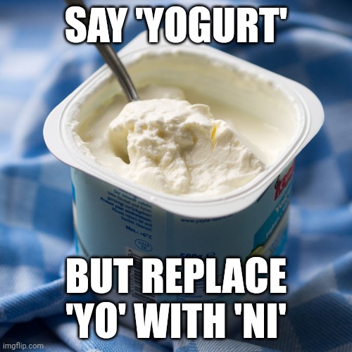 Ni- HOLD UP | SAY 'YOGURT'; BUT REPLACE 'YO' WITH 'NI' | image tagged in yogurt,racist,memes | made w/ Imgflip meme maker