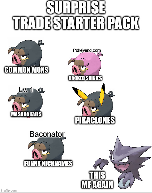 Blank White Template | SURPRISE TRADE STARTER PACK; PokeVend.com; COMMON MONS; HACKED SHINIES; Lv. 1; MASUDA FAILS; PIKACLONES; Baconator; FUNNY NICKNAMES; THIS MF AGAIN | image tagged in blank white template | made w/ Imgflip meme maker