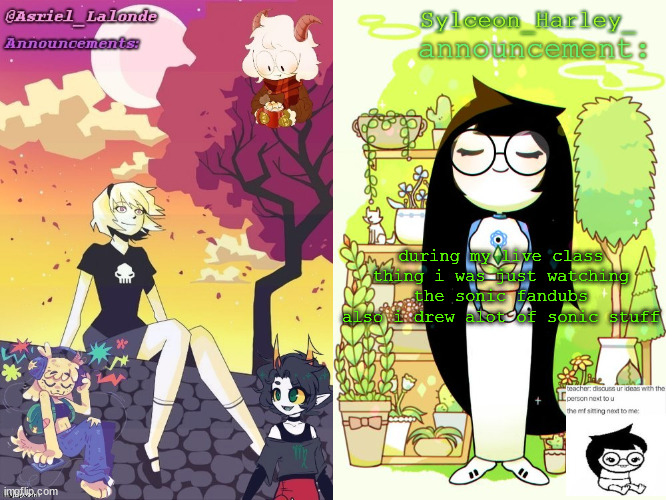 i cant believe your boobs are one polygon! | during my live class thing i was just watching the sonic fandubs
also i drew alot of sonic stuff | image tagged in asriel and sylceon shared template | made w/ Imgflip meme maker